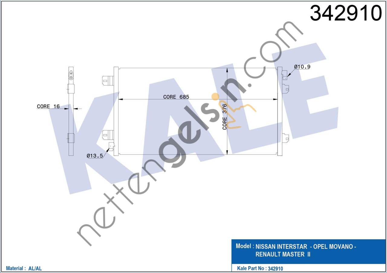 KALE 342910 KLIMA RADYATORU MOVANO 1.9 DTI 98>01 MASTER II 2.5 DCI 03>  RENAULT BİNEK KLİMA RADYATÖRÜ