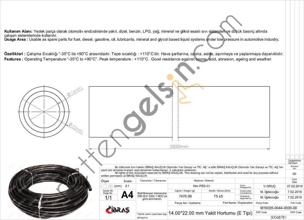 IBRAS 68781 ICTEN ORGULU YAKIT HORTUMU 65659 14,0 MM X 22,0 MM NBR / CR E TIPI MAKARASIZ (25M)  GENEL AĞIR VASITA RULO HORTUM