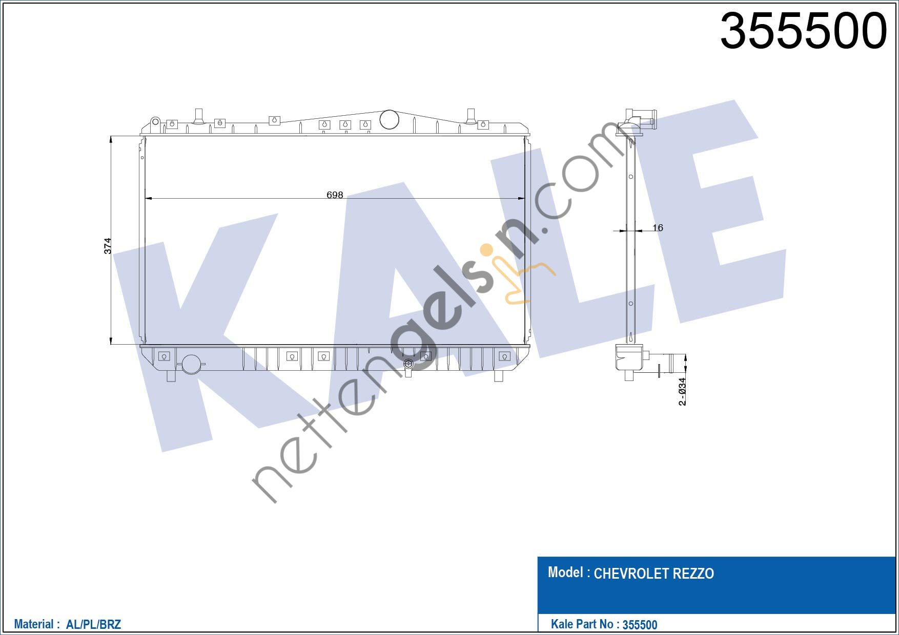 KALE 355500 MOTOR RADYATORU REZZO 374X698X16  DAEWOO BİNEK MOTOR SU RADYATORU