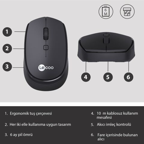 Lenovo Lecoo WS202 1200 DPI 4 Tuşlu Kablosuz Sessiz Mouse - Siyah