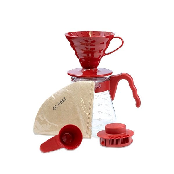 Hario V60 Coffee Server 02 Set / Red - Hario V60 02 Kahve Demleme Seti (Kırmızı)