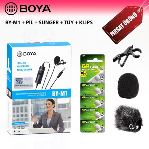 Boya BY-M1 Yaka Mikrofonu + Pil + Tüy + Sünger + Klips