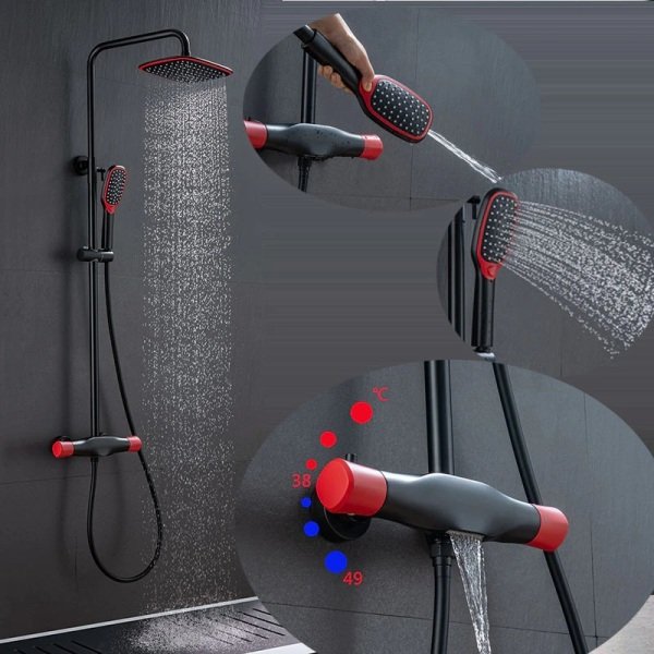 Meridyen Mat Siyah&Kırmızı Duş Sistemi ve Banyo Bataryası