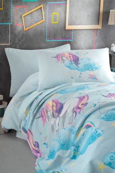 Cotton Life Unicorn Mint Tek Kişilik Pike Takımı