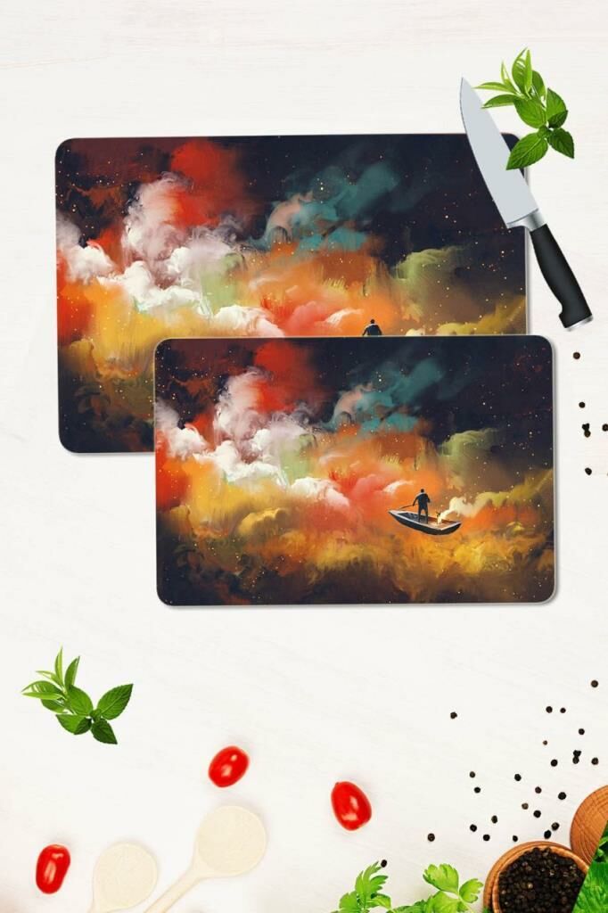 2' li Takım 30x40 cm ve 20x30 cm Model 1108 Desenli Cam Kesim Tablası ve Ocak Koruma