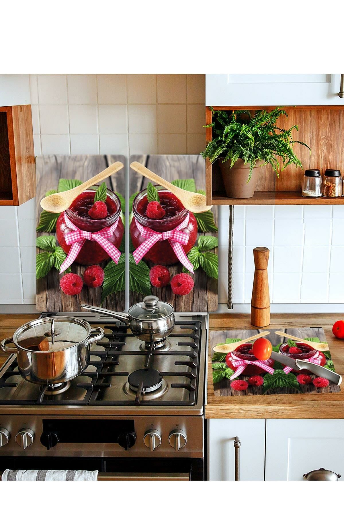 Takım Halinde Raspberry 20x30 Cm Kesme Tablası Ve 2'li 30x52 cm Cam Ocak Koruyucu 4'lü Ocaklar