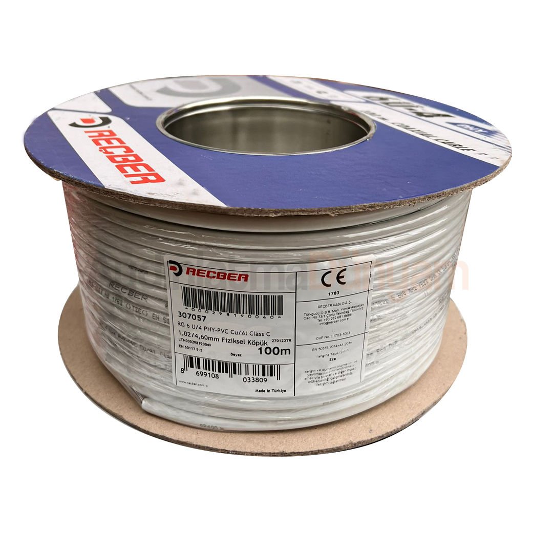 Reçber RG 6 U/4 PHY-PVC Class C Cu/Al Euro-Class Eca 75 Ohm Fiziksel Köpüklü PVC Kılıflı Koaksiyel Kablo