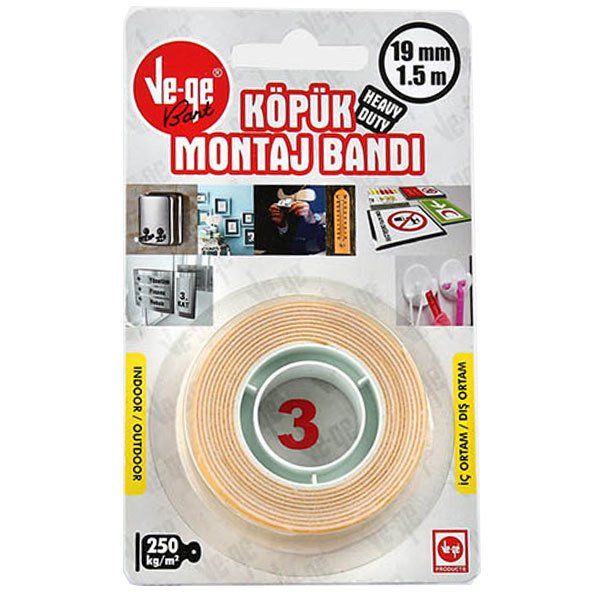 Vege Çift Taraflı Köpük Montaj Bandı (Heavy Duty) 19mm x 1.5mt