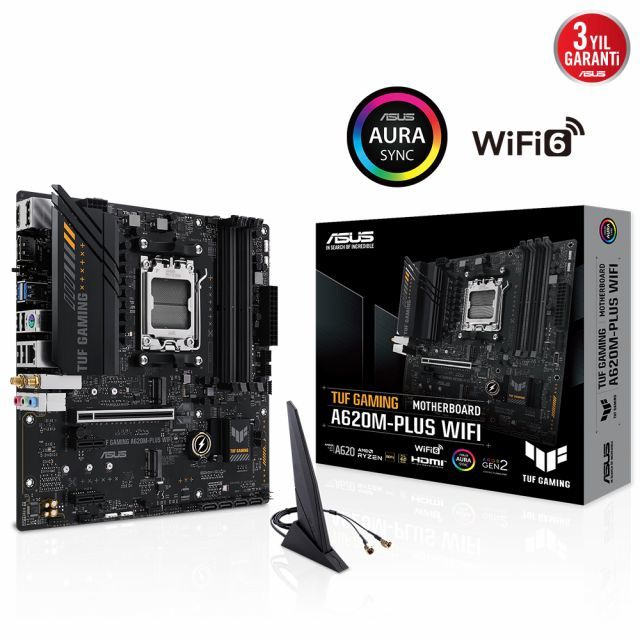 ASUS TUF GAMING A620M-PLUS WIFI AMD A620 AM5 DDR5 6400 2xDP HDMI Çift M2 USB3.2 AX WiFi -BT AURA RGB 2.5Gbit LAN mATX ASUS TUF PROTECTION