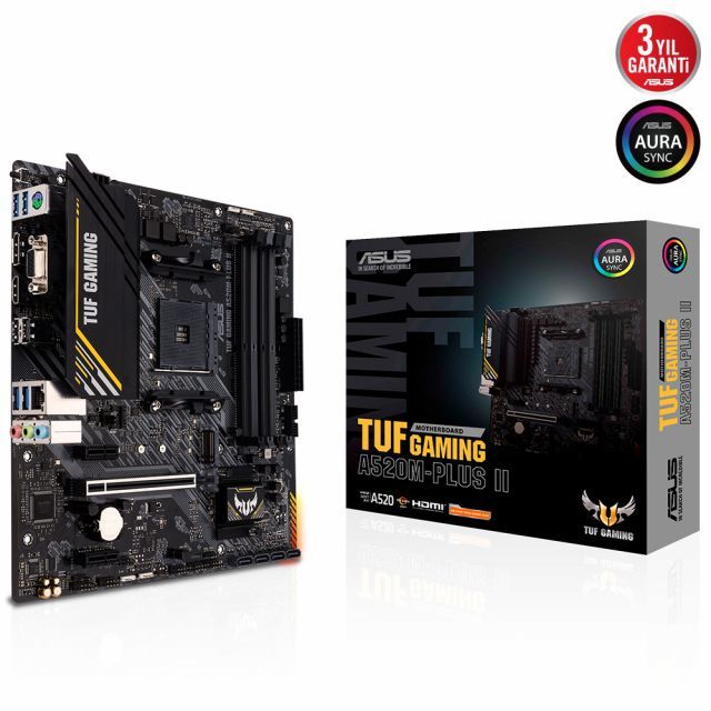 ASUS TUF GAMING A520M-PLUS II AMD A520 AM4 DDR4 4800 DP HDMI VGA M2 USB3.2 AURA RGB MATX 128GB KADAR RAM DESTEĞİ ASUS TUF PROTECTION
