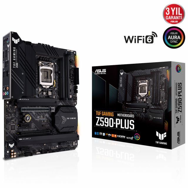 ASUS TUF GAMING Z590-PLUS  Intel Z590 LGA1200 DDR4 5000 DP HDMI 3x M2 USB3.2 AURA RGB 2.5Gb Intel ATX 128GB’a kadar ram desteği İki Yönlü AI Ses Engelleyici Mic.