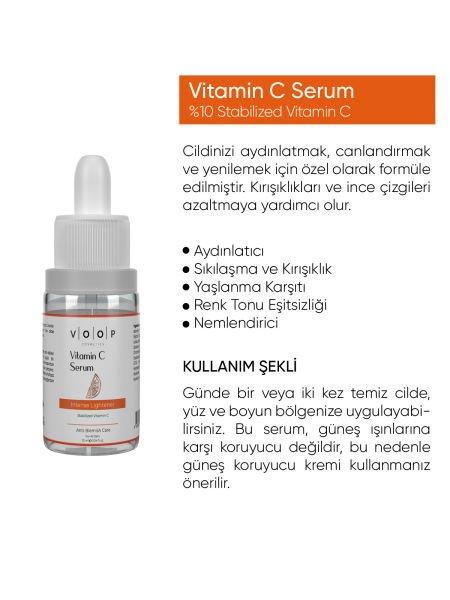 VOOP Yoğun Aydınlatıcı Ve Leke Karşıtı Vitamin C Serumu - 10 ml | %10 Vitamin C Içeriği Ile Etkili Bakım