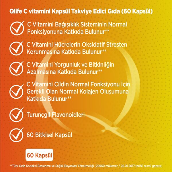Qlife Vitamin C 500 mg 60 Kapsül