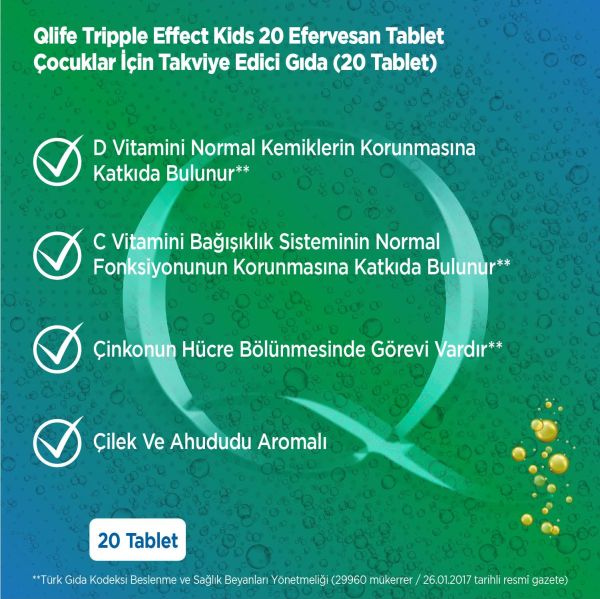 Qlife Tripple Effect Kids D Vitamini + C Vitamini + Çinko 20 Efervesan Tablet