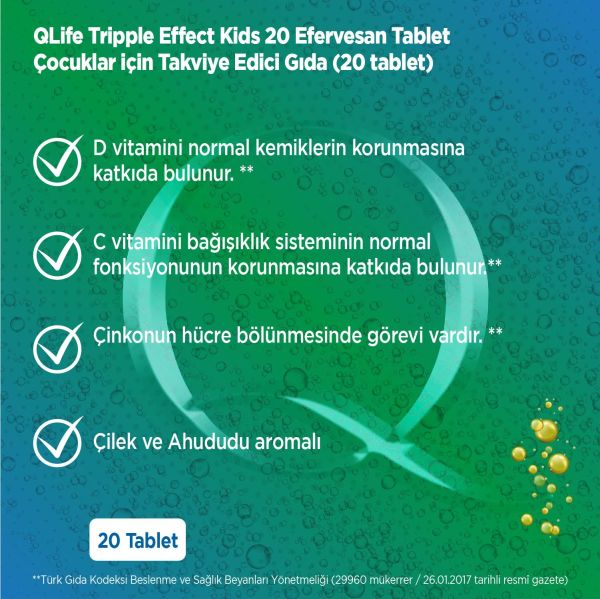 Qlife Tripple Effect Kids D Vitamini + C Vitamini + Çinko 20 Efervesan 2 Adet