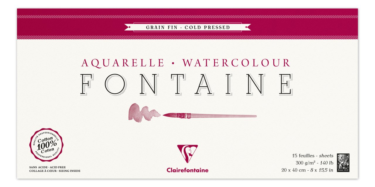 Clairefontaine Fontaine Sulu Boya Bloğu 20x40 Cm 300 Gr 10 Yaprak Dokulu Uzun Kenarı Yapışkanlı