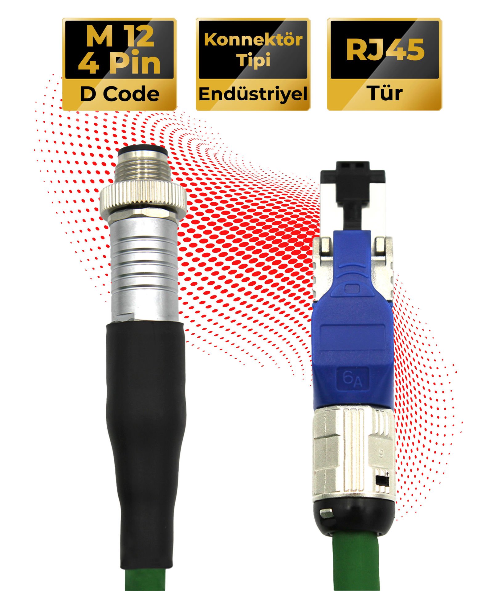M12 4 Pin D Kod (Dişi/Erkek) - RJ45 Endüstriyel CAT5E / CAT6A / CAT7 Pur IP67 Ethernet Kabloları