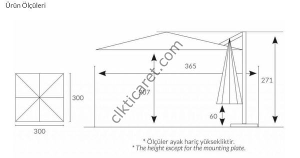 CLK Mykonos 3x3 Metre Antrasit Yandan Kollu Şemsiye