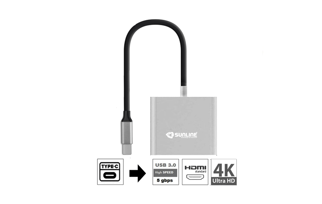 Sunline USB Type-C USB3.0+HDMI (4K)+Type-C Dönüştürücü