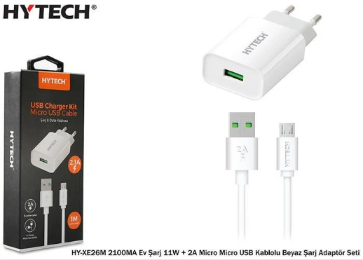 Hytech HY-XE26M Micro USB Kablolu 2100MA Ev Şarj 11W+2A Micro Beyaz Şarj Adaptör Seti