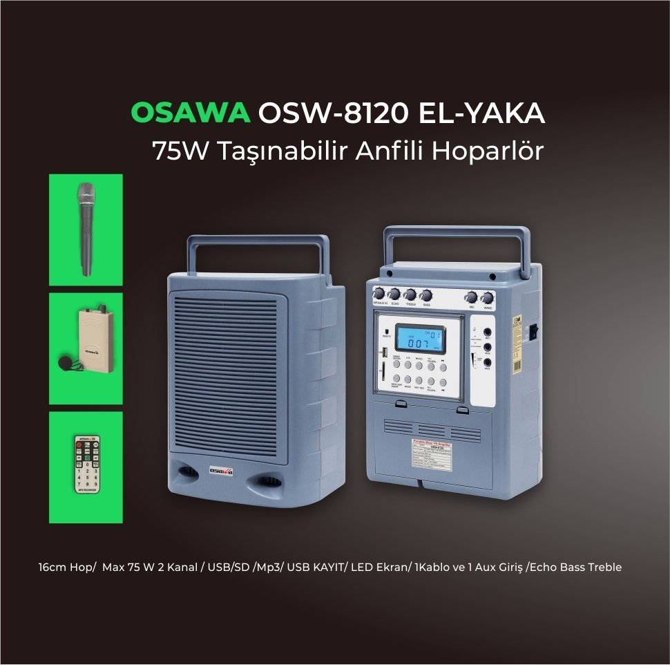 OSAWA OSW-8120 El+Yaka (Headset) Taşınabilir Şarjlı Telsiz Mikrofonlu Ses Sistemi