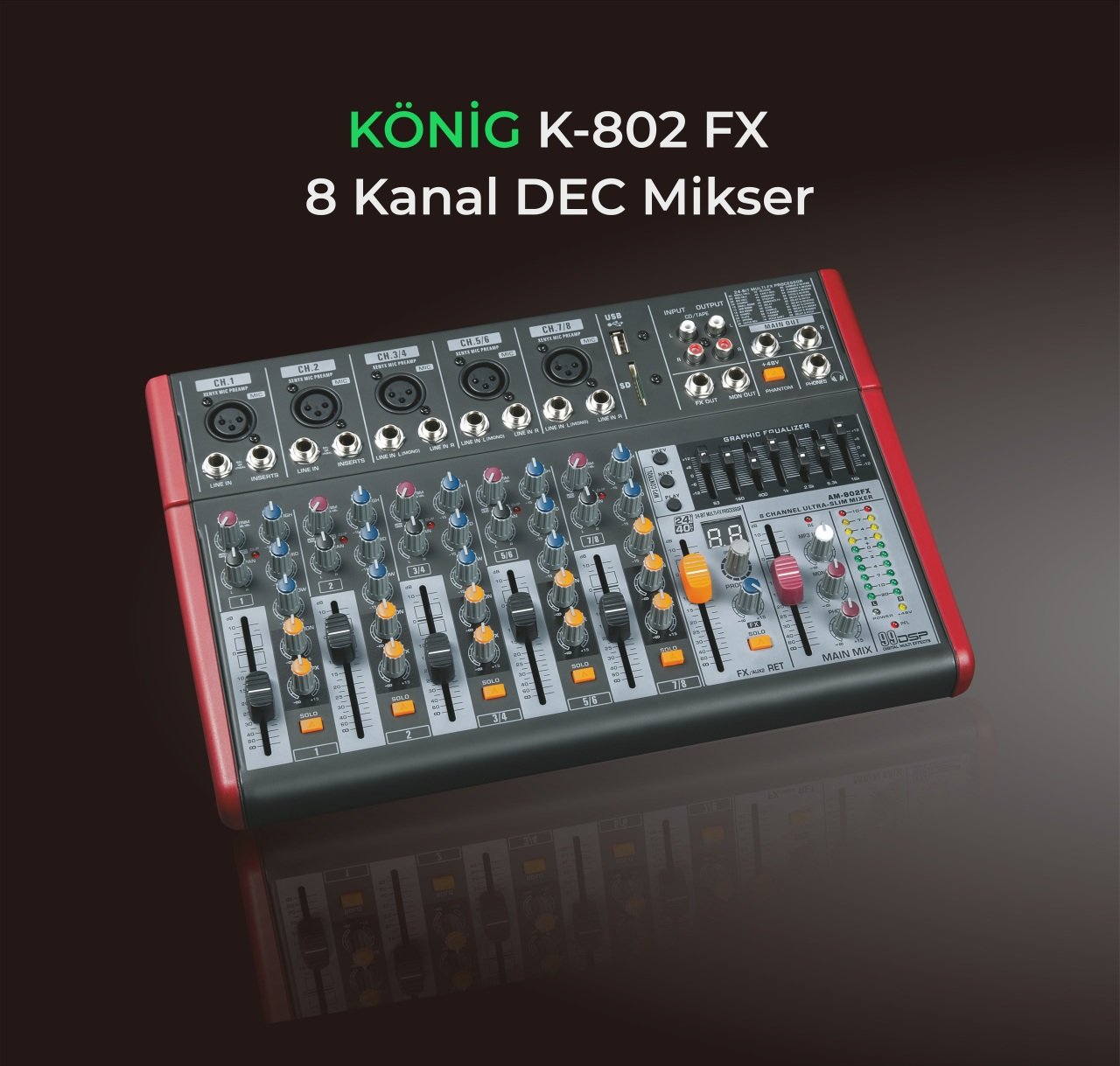 König  K-802 FX 8 Kanal Ultra İnce Deck Mikser