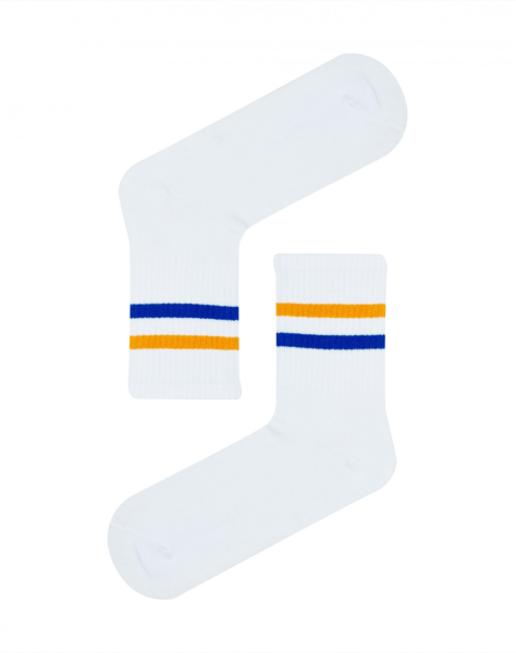 Mavi Turuncu Çizgili Beyaz Spor Çorap