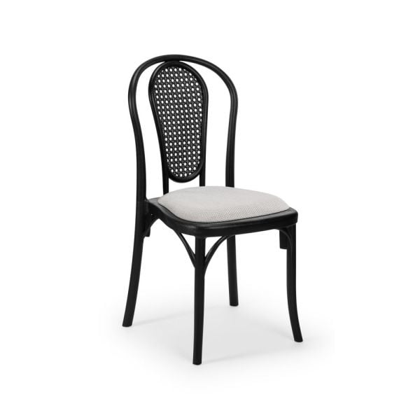 Siyah Sandalye Ekru Krem Kumaş Döşemeli Mutfak Salon Cafe Kafe Restoran Otel ve Düğünler İçin Şık Tasarım