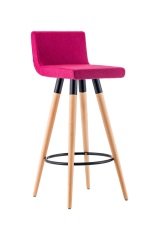 Küçük Boyutlu Mutfak Bar Sandalyesi Fuşya Kaşe Kumaşlı Poliüretan Sünger Dolgulu Retro Ayaklar Naturel Kayın Rengi