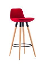 Şık ve Sağlam Sive Küçük Bar Sandalyesi Kırmızı Kaşe Kumaş Ahşap Naturel Kayın Rengi Ayaklar Metal Karkas ve Ayak Dayama Çemberi ile