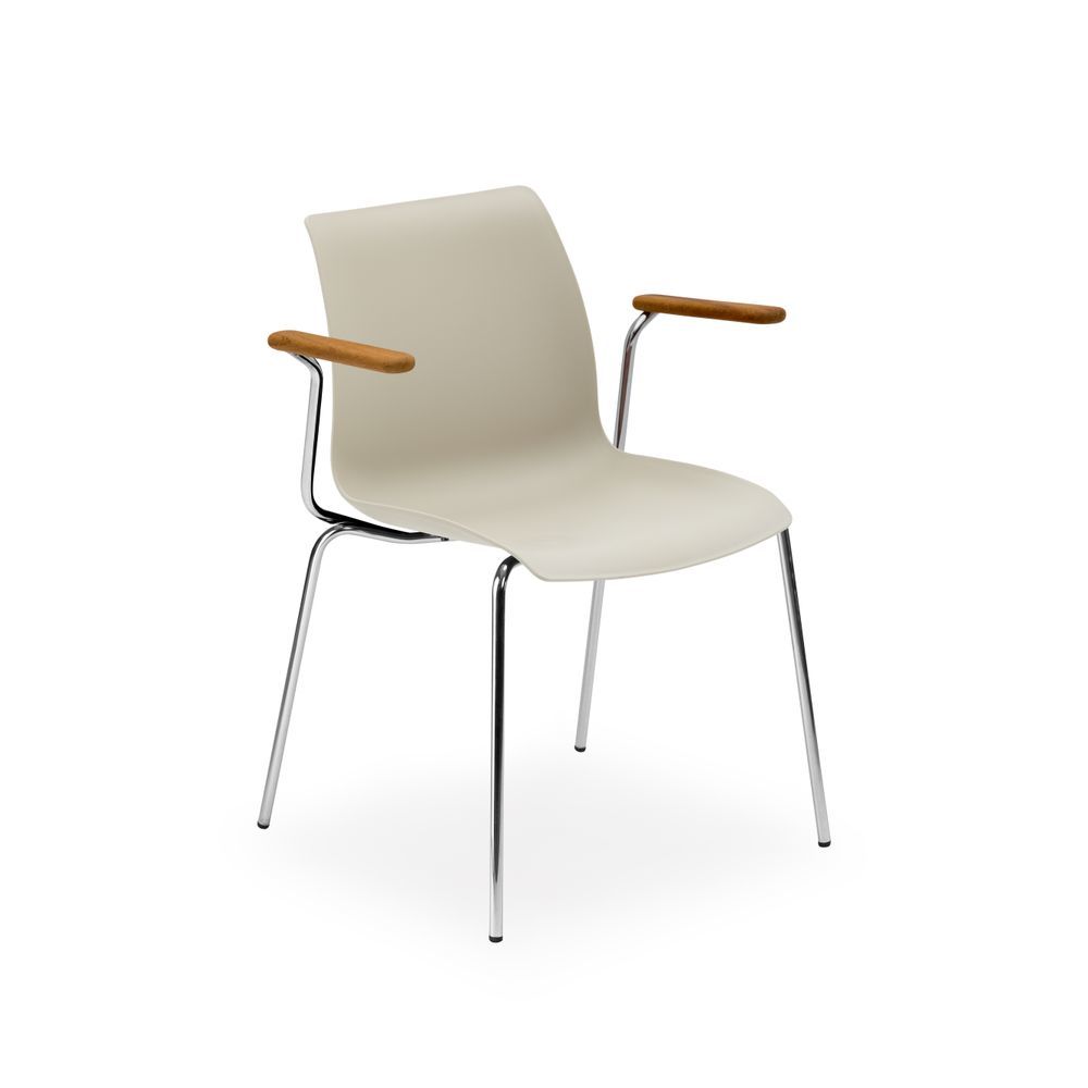 Şık Tasarımlı Metal Krom Ayaklı, Bej Renkli Kollu Polipropilen Plastik Oturaklı Cafe Sandalyesi