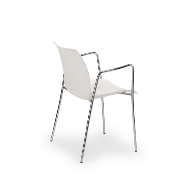 Modern Tasarımlı İstiflenebilir Metal Krom Ayaklı Polipropilen Beyaz Plastik Oturaklı Kollu Mutfak Sandalyesi
