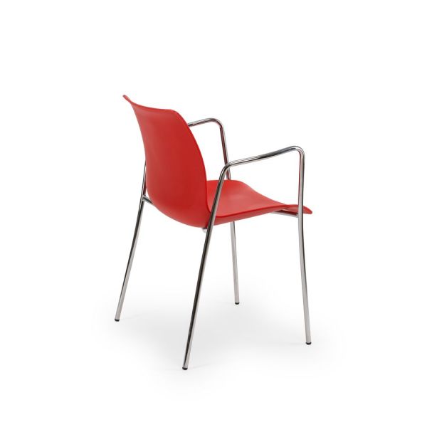 İstiflenebilir Kırmızı Plastik Oturaklı Metal Krom Ayaklı Kollu Sandalye