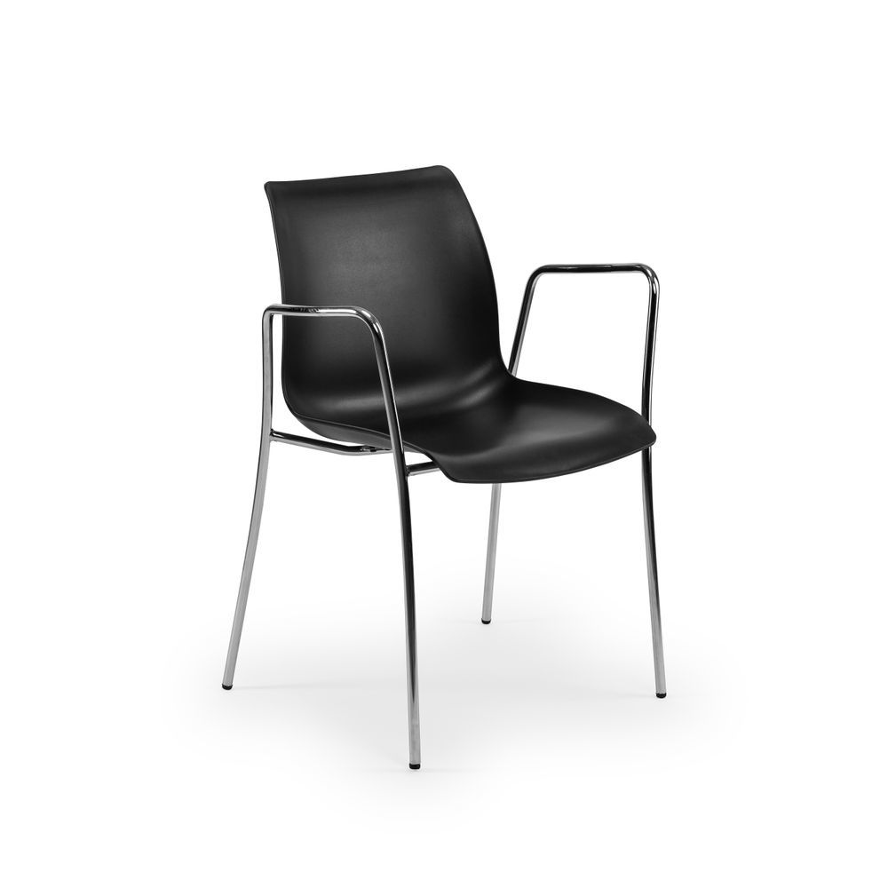 İstiflenebilir Siyah Plastik Oturaklı Metal Krom Ayaklı Kollu Sandalye