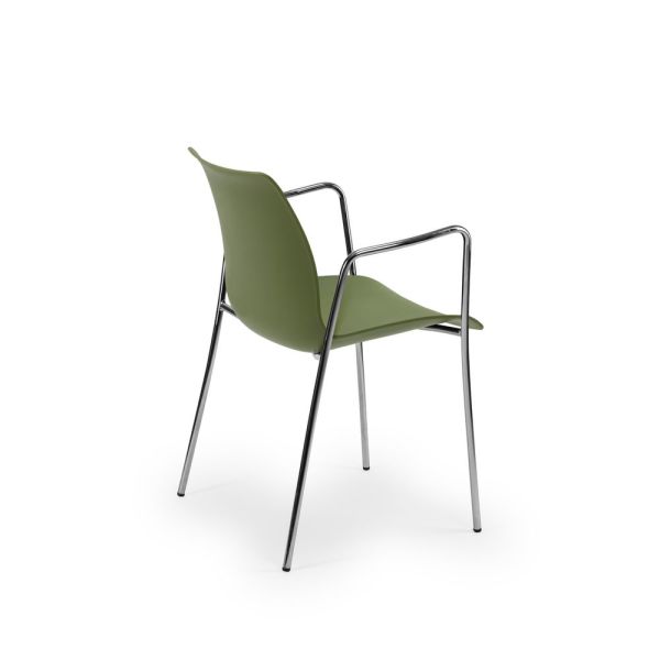 İstiflenebilir Haki Yeşil Plastik Oturaklı Metal Krom Ayaklı Kollu Sandalye