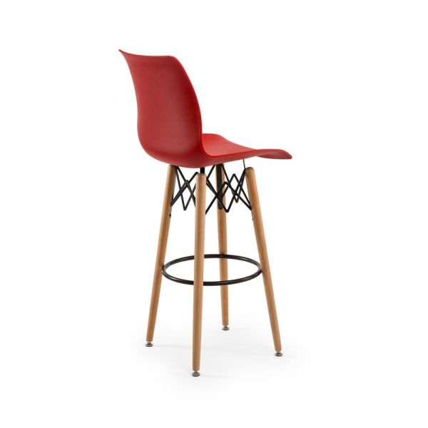 Modern Tasarımın Şıklığı Polipropilen Kırmızı Plastik Oturak, Ahşap Ayak Bar Sandalyesi