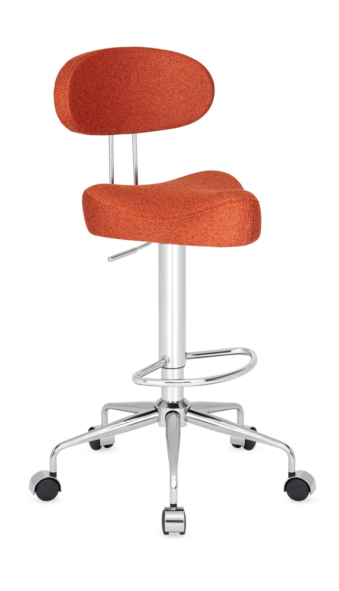 Arovi Arkalıklı Tekerlekli Turuncu Laboratuvar Bar Taburesi - Yüksek Boy Sırt Dayamalı, Amortisörlü Metal Krom Ayaklı, Ergonomik ve Konforlu Tasarım, Ücretsiz Kargo
