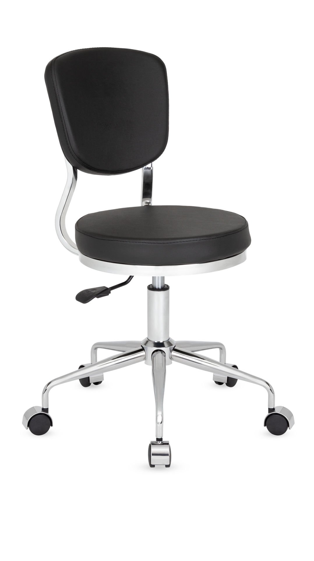 Obje Küçük Ofis Çalışma Sandalyesi, Tekerlekli Amortisörlü Siyah Deri, Minimalist Genç Odası ve Dar Alanlar İçin Ofis Taburesi, Poliüretan Sünger, Metal Krom İskelet, Ücretsiz Kargo