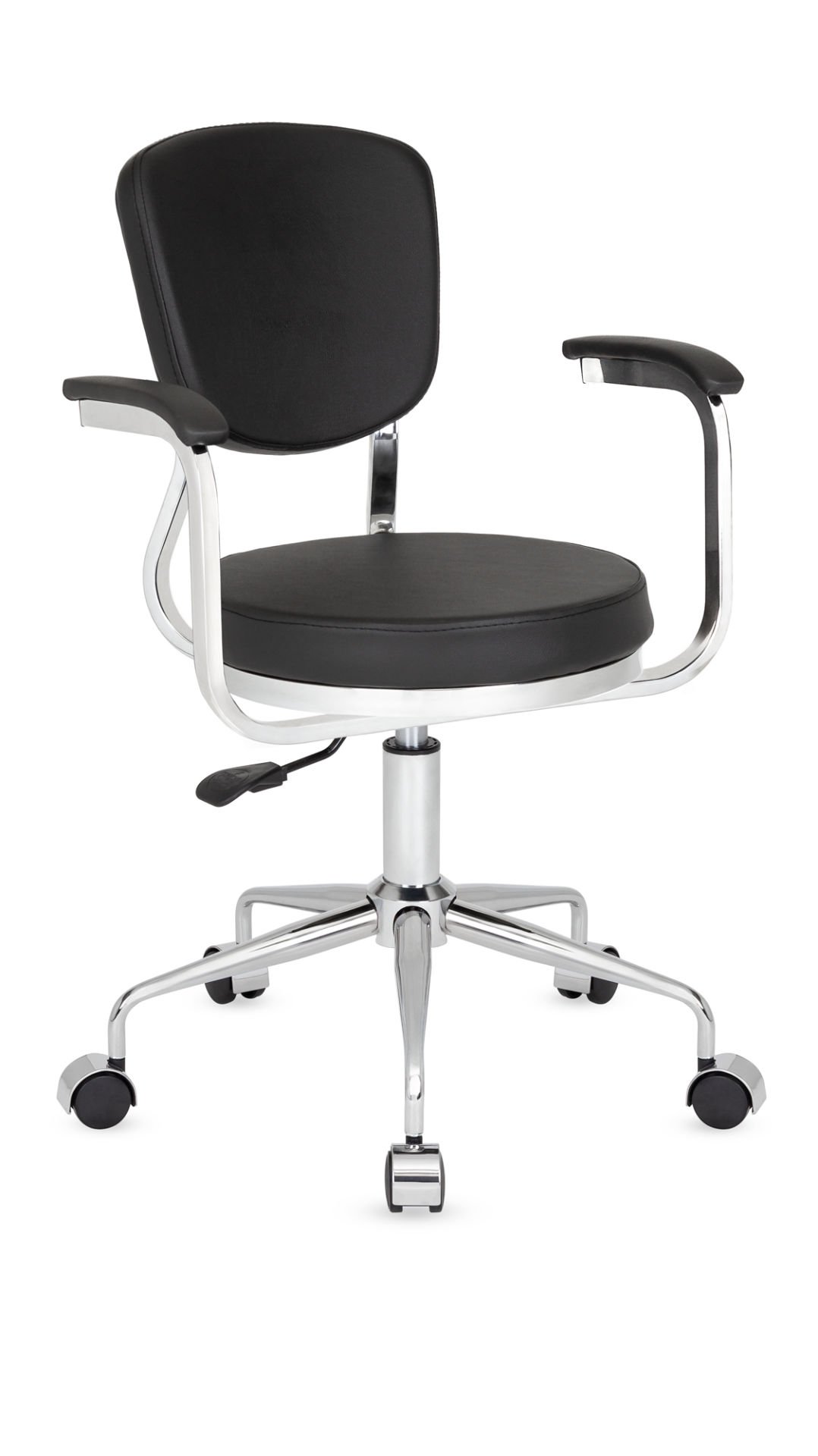 Obje Kollu Siyah Ofis Çalışma Sandalyesi – Silinebilir Deri, Metal Krom İskelet, Amortisörlü, Tekerlekli, Minimalist Tasarım, Genç Odası & Dar Alanlar İçin