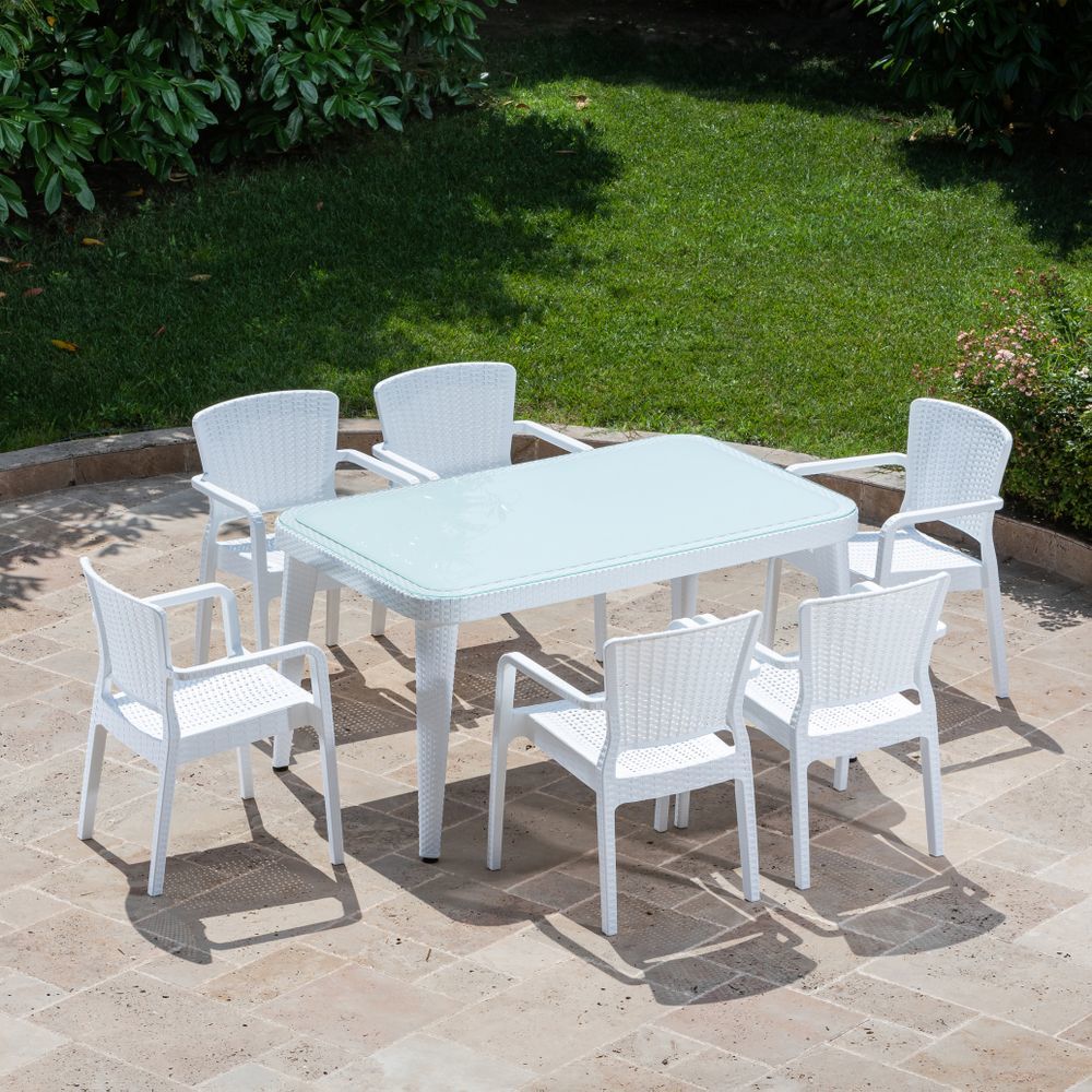 Rattan camlı balkon bahçe masa takımı 6 sandalyeli
