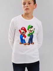 Mario And Luigi Uzun Kol Çocuk Tişört Beyaz Unisex