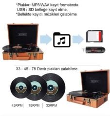*ÜCRETSİZ KARGO Record Master T317UB Kahverengi Şarjlı Pikap Bluetoothlu-USB'li
