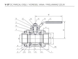 Ayvaz Küresel Vana Üç Parçalı Paslanmaz Dişli (AISI304) 3/4''