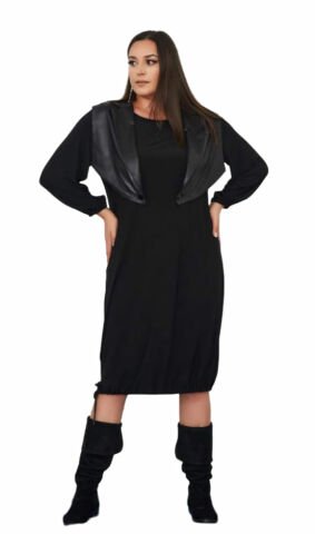Büyük Beden Siyah Uzun  Üstünde Küçük Deri Görünümlü Ceketi Olan Elbise