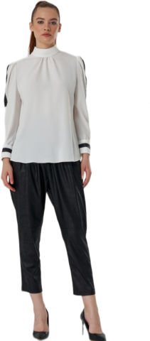 Beyaz Dik Yaka Büzgülü Kol Siyah Şeritli Krep Bluz