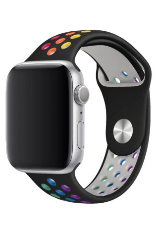 Apple Watch Uyumlu Delikli Silikon Kordon Siyah Gökkuşağı