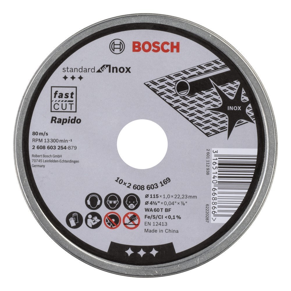 Bosch - 115*1,0mm Standard Seri Düz Inox (Paslanmaz Çelik) Kesme Diski (Taş) - Rapido 10'lu