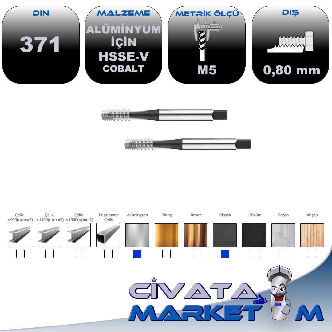 HSS-E MAKİNA KLAVUZU M 5 X 0,8 DIN 371B ALU