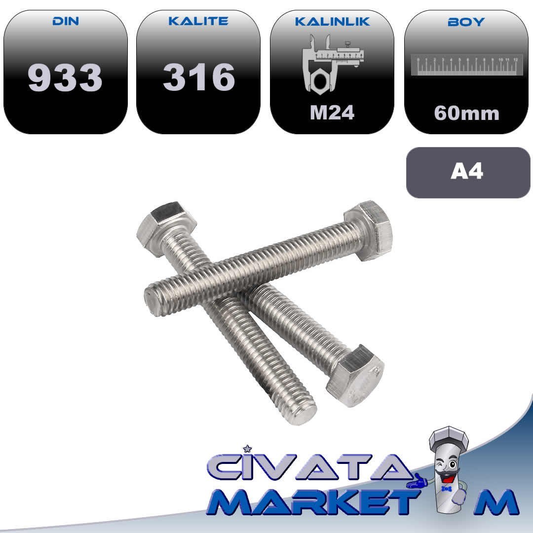 M24*60 ANAHTAR BAŞ CİVATA DIN933 A4 316