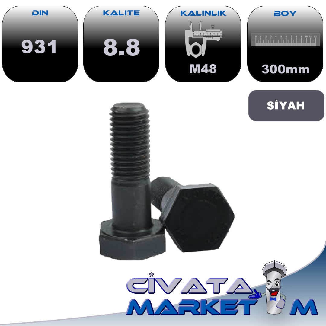 M48*300 ANAHTAR BAŞ YARIM DİŞ CİVATA 8,8 SİYAH